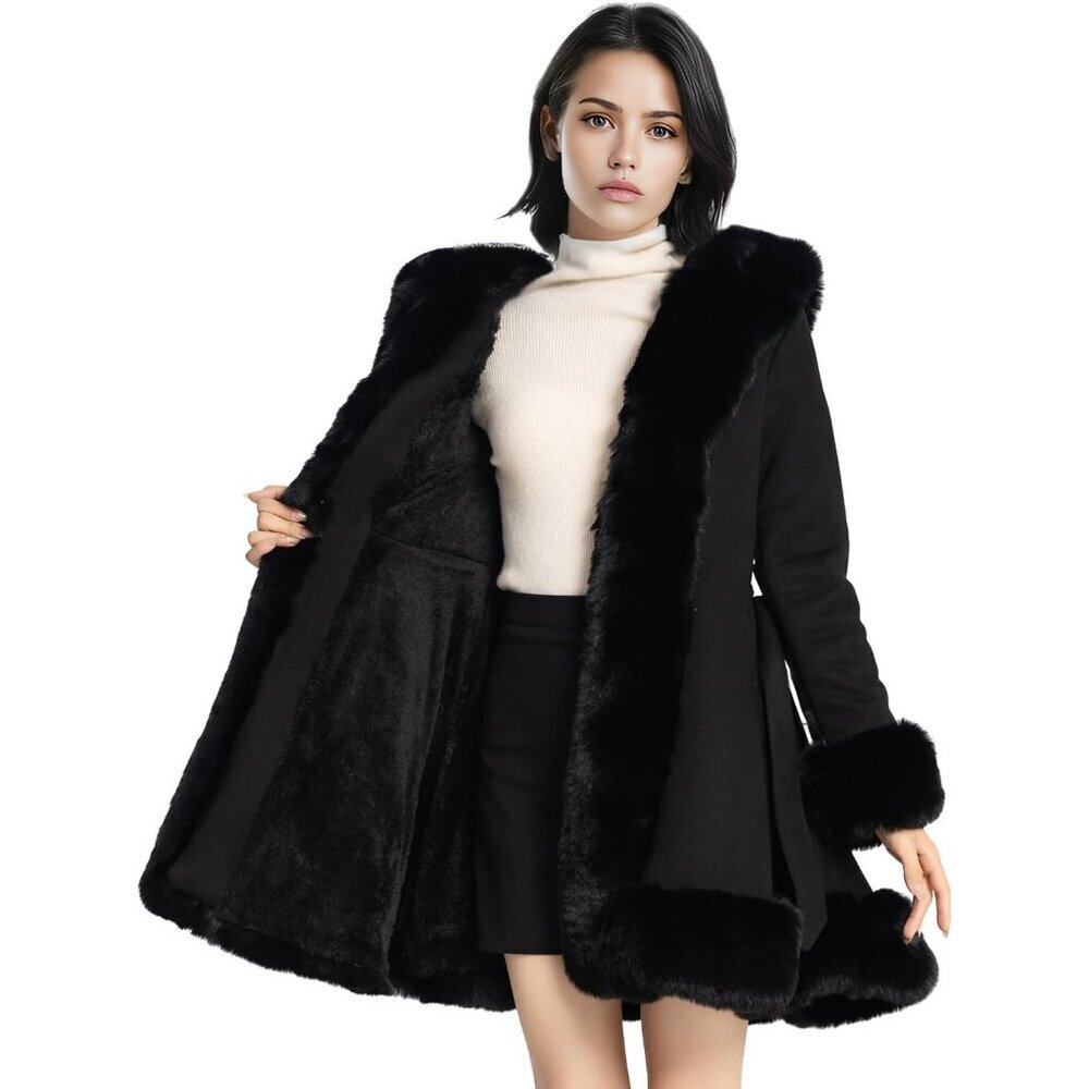 Women’s Black  Winter Faux Fur Leather Coat with Belt Long Sleeve Peplum - Picture 4 of 5